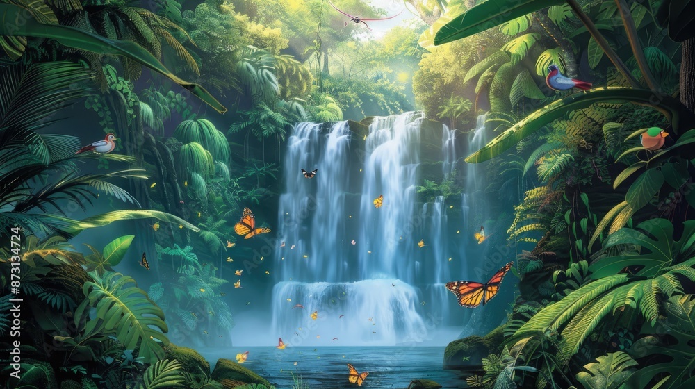 Naklejka premium A cascading waterfall surrounded by lush tropical vegetation, with birds and butterflies flying around.