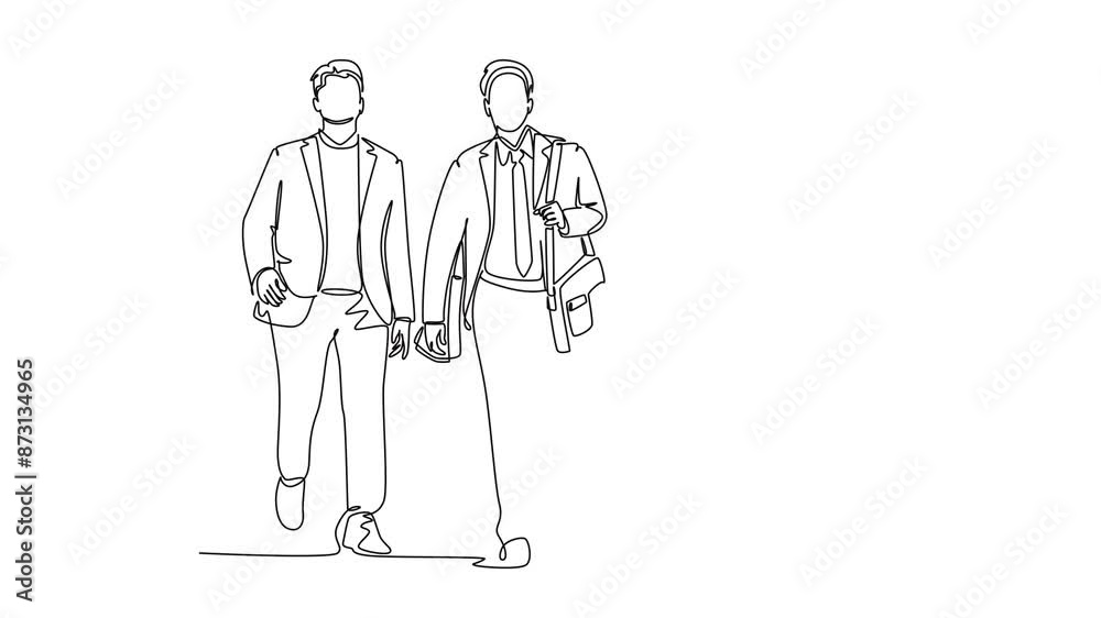 Animated self drawing of continuous line draw of young happy businessmen walking together and discussing new big collaboration project. Urban commuter workers concept. Full length one line animation Animated self drawing of continuous line draw of young happy businessmen walking together and discussing new big collaboration project. Urban commuter workers concept. Full length one line animation