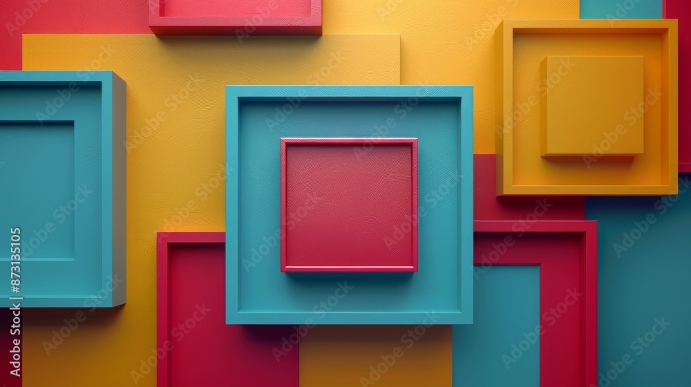 Symmetrical geometric shapes flat design, top view, modern art theme, 3D render, Triadic Color Scheme., Symmetrical geometric shapes flat design, top view, modern art theme, 3D render, Triadic Color Scheme.,
