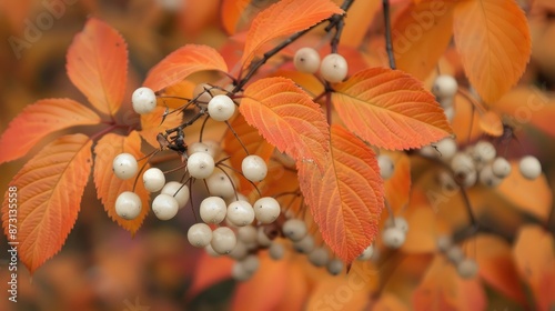 Close up of bright orange autumn leaves and white berries from Sorbus koehneana photo