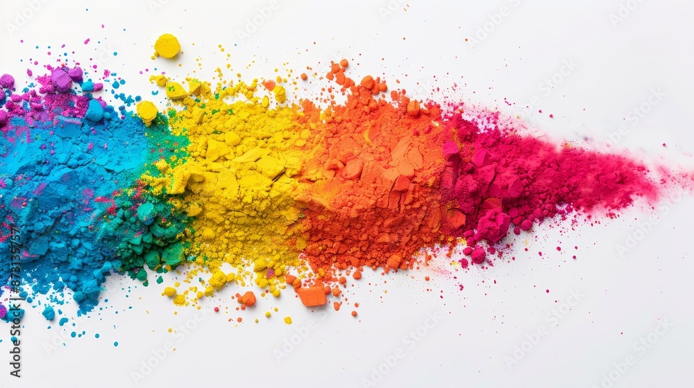 Holi festival paint powder burst, rainbow spectrum, against a clean white background, panoramic view