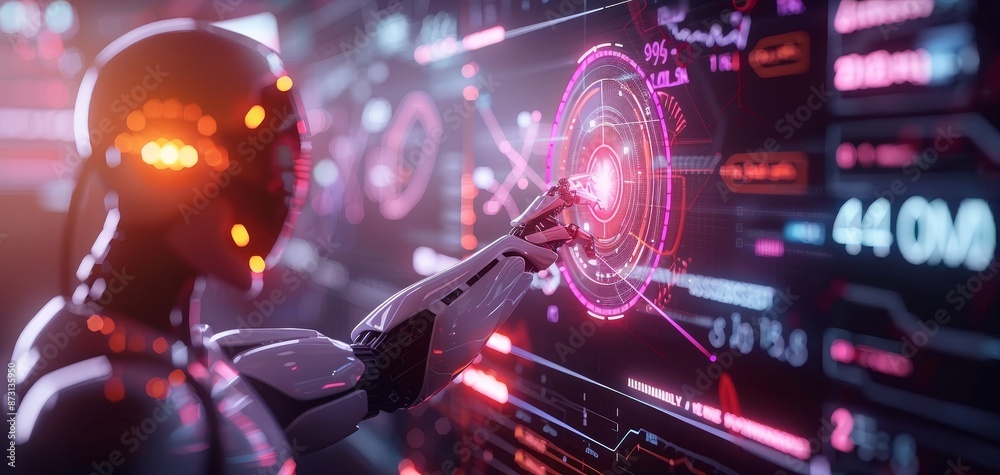 AI assistant presenting trend data on a holographic screen, AI in trend analysis, concept AI assistant presenting trend data on a holographic screen, AI in trend analysis, concept