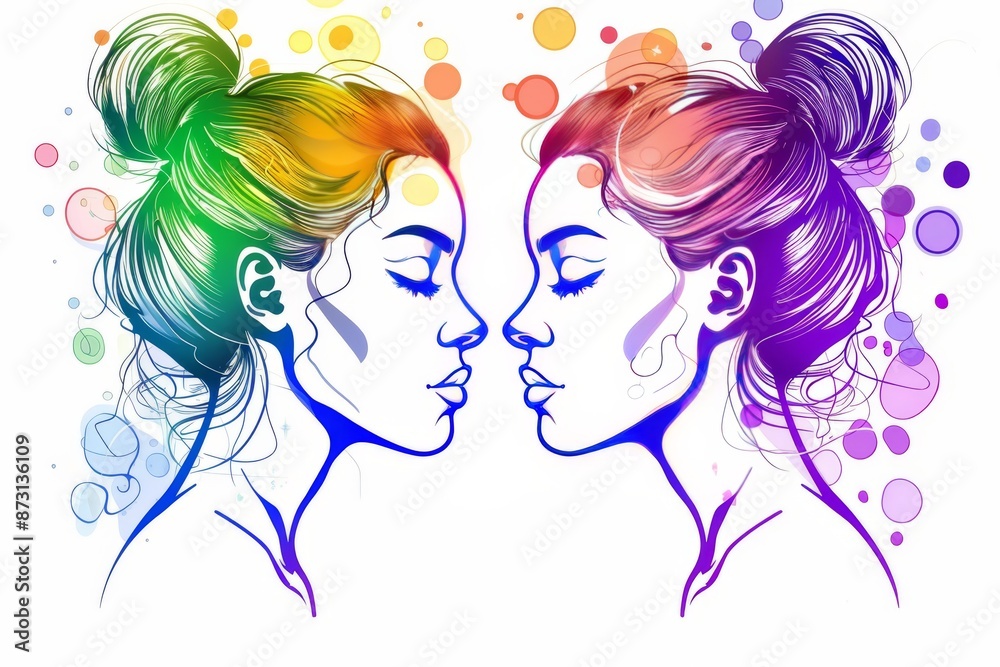 Creative illustration of two women with colorful splashes, symbolizing diversity and self-expression with vibrant hues in a modern, artistic style. Creative illustration of two women with colorful splashes, symbolizing diversity and self-expression with vibrant hues in a modern, artistic style.