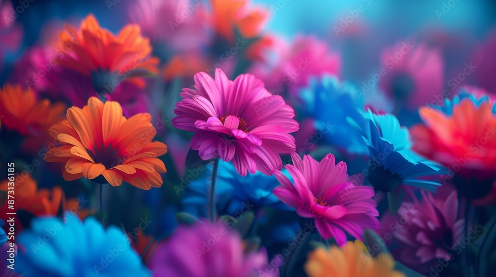 Psychedelic garden scene with flowers blooming in vibrant Psychedelic garden scene with flowers blooming in vibrant