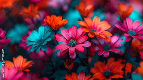 Psychedelic garden scene with flowers blooming in vibrant