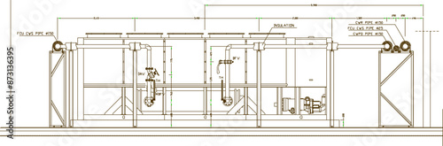 Sketch silhouette illustration vector detailed drawing of Chiller Plan Room Plan Elevation and Sections design for industry