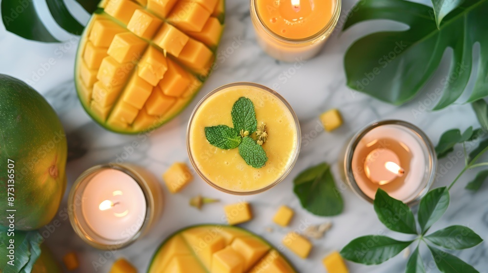 Ingredients for a nutritious breakfast set up in a flat lay with a mango smoothie and candles Ingredients for a nutritious breakfast set up in a flat lay with a mango smoothie and candles