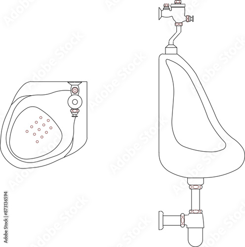 Vector silhouette illustration sketch drawing design detail Sanitary ware set monoblock urinal for urination