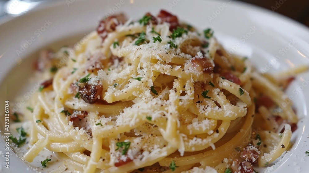 Closeup of a Delicious Plate of Carbonara Pasta Closeup of a Delicious Plate of Carbonara Pasta