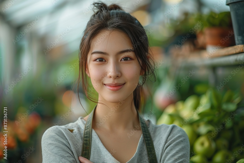 A young woman in an apron with a joyful smile stands in a lush greenhouse surrounded by various green plants and flowers, embodying the essence of nature and warmth. A young woman in an apron with a joyful smile stands in a lush greenhouse surrounded by various green plants and flowers, embodying the essence of nature and warmth.