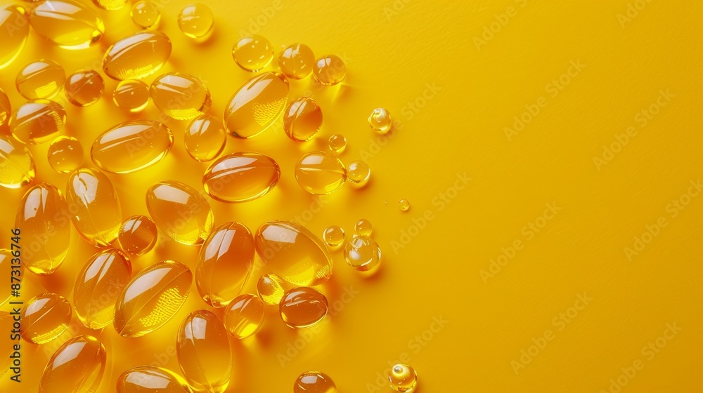 Capsules of Omega-3 and Vitamin D3 on a bright yellow surface, isolated background, studio lighting, space for text, perfect for dietary supplement advertising Capsules of Omega-3 and Vitamin D3 on a bright yellow surface, isolated background, studio lighting, space for text, perfect for dietary supplement advertising