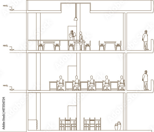 Vector silhouette illustration sketch of detailed design of architectural engineering designs and sections of school buildings and educational courses 
