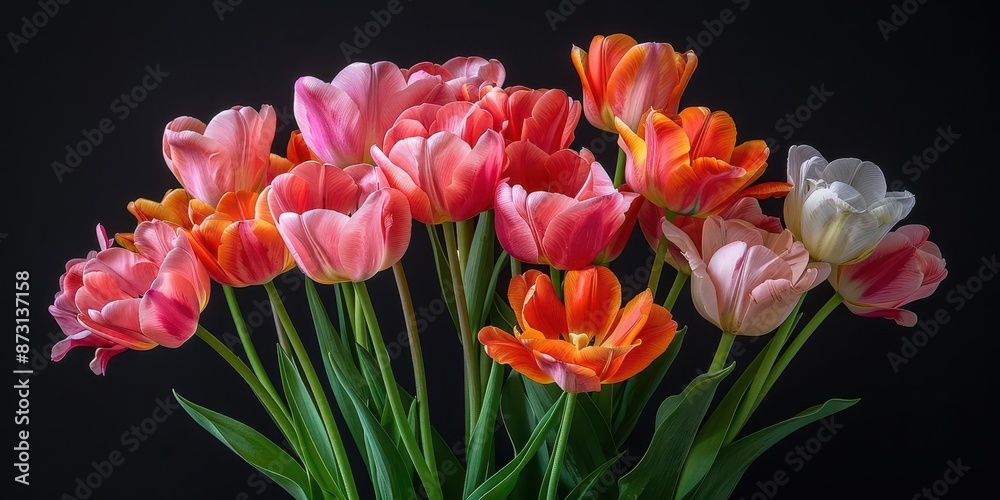 A bunch of vibrant tulips captured against a dark backdrop, studio photography with expert color grading, gentle shadows, precise focus, and soft natural lighting. A bunch of vibrant tulips captured against a dark backdrop, studio photography with expert color grading, gentle shadows, precise focus, and soft natural lighting.