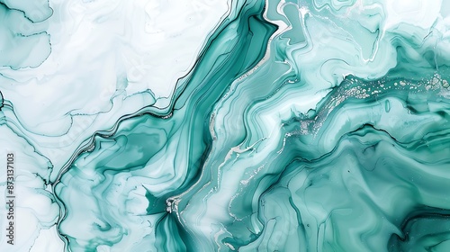 Calming marble ink painting in shades of teal and white, fluid patterns, minimalistic design on fine paper texture