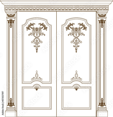 Vector silhouette illustration sketch, detailed design of a teak wood door full of old classic vintage ethnic carvings