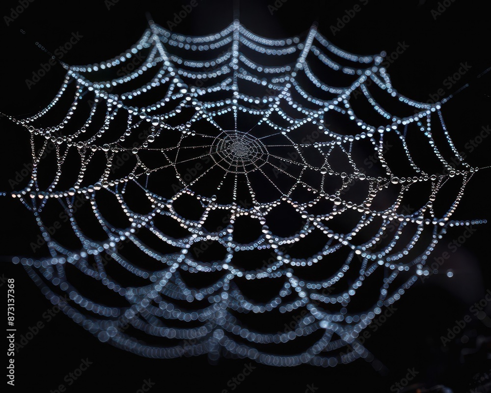 Fototapeta premium A delicate spider web with dewdrops against a black background, expertly captured with studio photography techniques and enhanced with professional color grading for stunning results.