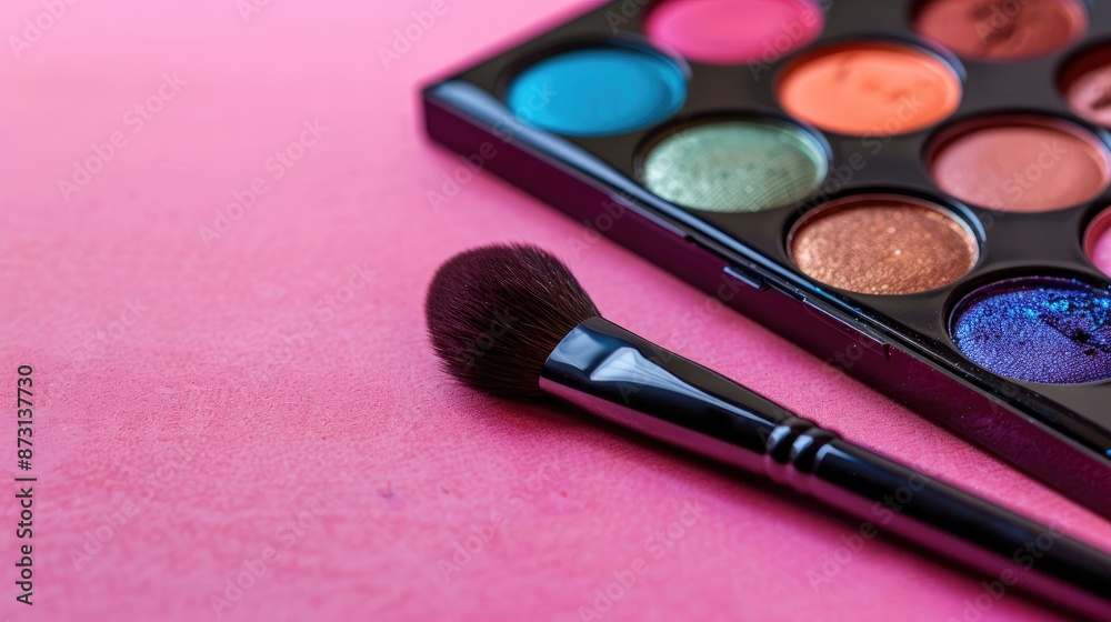Vibrant eye shadow palette on pink backdrop with copy space Palette and brush for eyes Wide banner Vibrant eye shadow palette on pink backdrop with copy space Palette and brush for eyes Wide banner