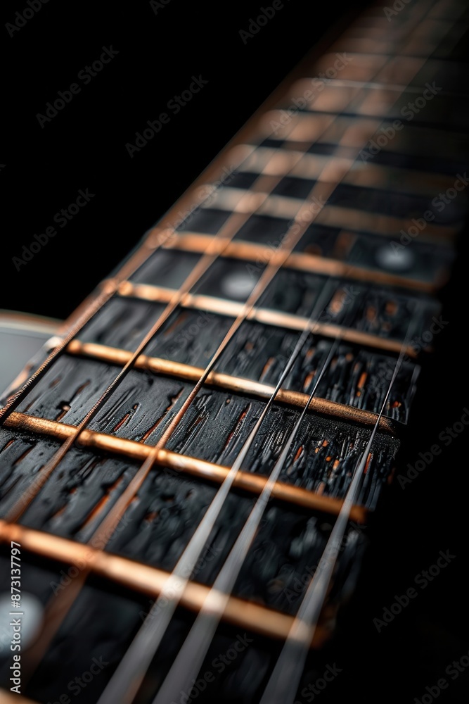Capturing a detailed close-up of a guitar's strings against a black background, this studio photograph features professional color grading, soft shadows, sharp focus, and natural light. Capturing a detailed close-up of a guitar's strings against a black background, this studio photograph features professional color grading, soft shadows, sharp focus, and natural light.