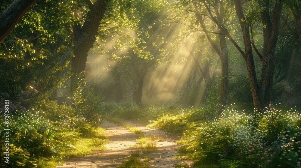 Sunbeams Illuminating a Forest Path Sunbeams Illuminating a Forest Path