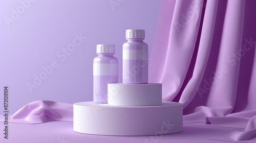 Light purple round base platform with two plastic pill bottles on top, white box on top, clean and minimalistic, illustration background