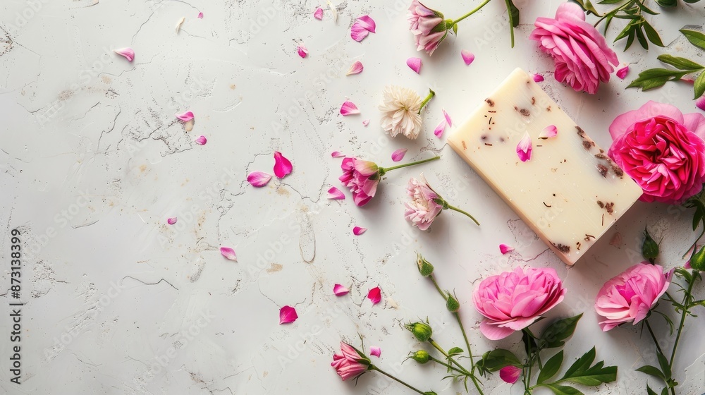 Cosmetic soap featuring flowers on white backdrop with space for text Cosmetic soap featuring flowers on white backdrop with space for text