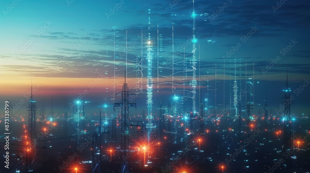 Fototapeta premium Futuristic rural area with integrated communication towers and smart devices