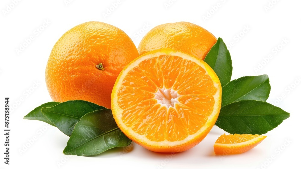 Isolated Fresh Orange Citrus Fruit with Leaves on White Background Isolated Fresh Orange Citrus Fruit with Leaves on White Background