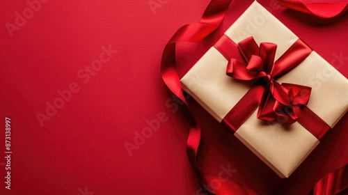 Romantic gift box with red ribbon on red background with space for text © TheWaterMeloonProjec
