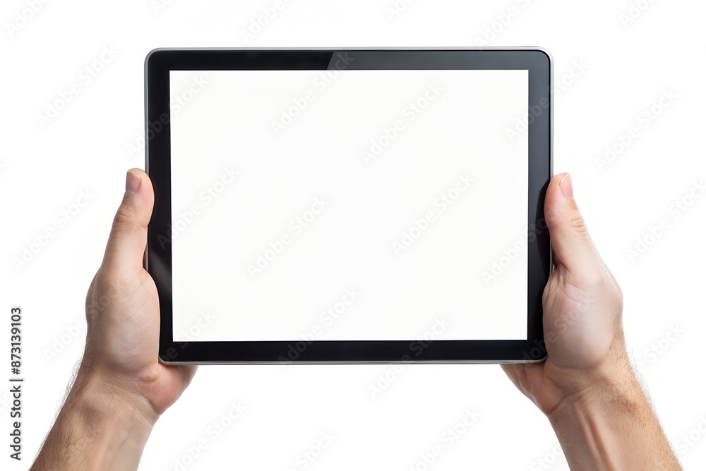 human hand holding tablet with blank display screen, isolated on white human hand holding tablet with blank display screen, isolated on white
