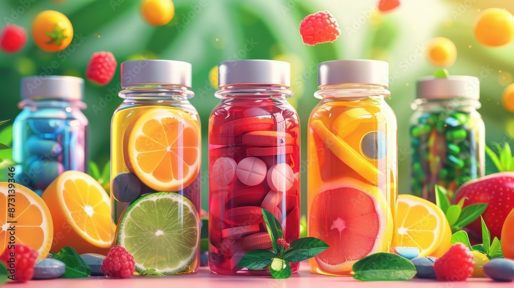 Bottles of vitamins, vibrant and healthy, illustration background
