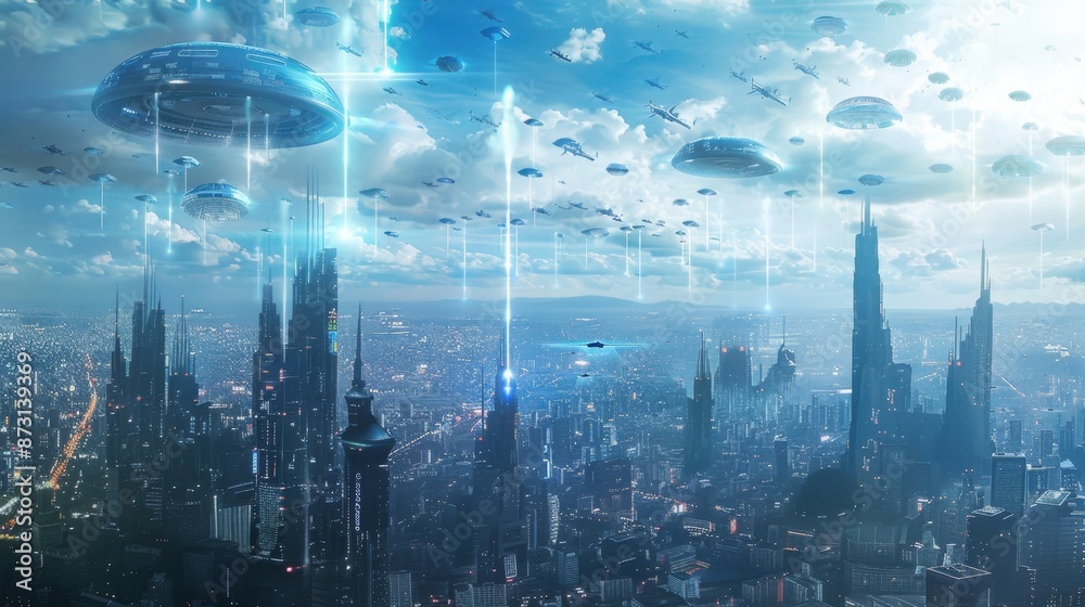 A futuristic city skyline with holographic advertisements and floating communication drones A futuristic city skyline with holographic advertisements and floating communication drones