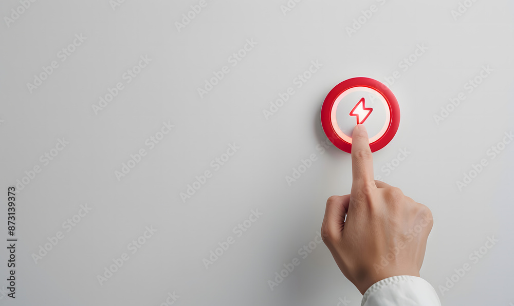 Man hand pressing the power button on the circle wooden block for a start or shut down concept design Man hand pressing the power button on the circle wooden block for a start or shut down concept design