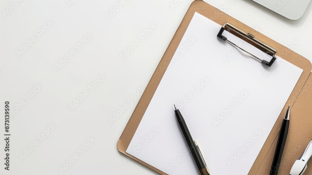 Clipboard and documents on white background