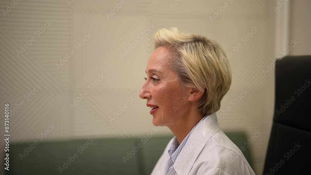 Close-up portrait of smiling mature adult female qualified medical practitioner or cardiologist giving professional advice, health recommendation to patient, during medical examination in clinic. Close-up portrait of smiling mature adult female qualified medical practitioner or cardiologist giving professional advice, health recommendation to patient, during medical examination in clinic.