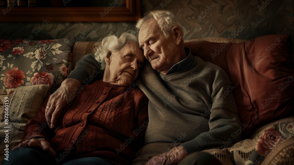 Fototapeta premium Senior couple relaxes on living room couch for afternoon nap, relaxed lifestyle, and home retirement. Love, care, and sleeping senior couple on apartment lounge sofa