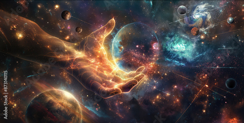 A breathtaking scene depicting the creation of the world by God, with a divine hand forming the cosmos. Divine creation, celestial imagery, spiritual inspiration, cosmic artwork, biblical concept.