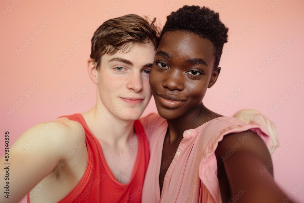 Style, fashion, and pals with mockup, confident, and studio background for Gen Z, selfie, and males. Smartphone-using gay, queer, and straight males take photos in trendy outfits. Style, fashion, and pals with mockup, confident, and studio background for Gen Z, selfie, and males. Smartphone-using gay, queer, and straight males take photos in trendy outfits.