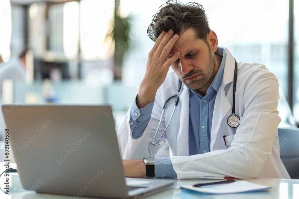 Stress, worry, or burnout for laptop-using doctors in medicine, healthcare, or research. Digital computer worker, healthcare employee, or career expert headache, head discomfort, or migraine