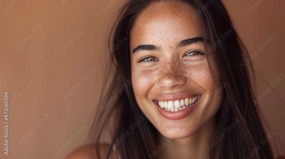 Beautiful woman in studio with luxury makeup and dental treatment for a clean mouth. Wellness, beauty, and cheerful model female with wide smile on brown background Beautiful woman in studio with luxury makeup and dental treatment for a clean mouth. Wellness, beauty, and cheerful model female with wide smile on brown background