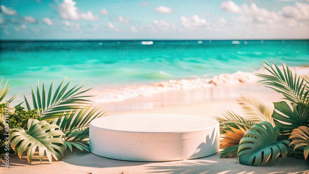Obraz premium Mockup round white podium bright 3D on a beach with white sand paradise tropical island with waves in the ocean. Ideal for product presentation, themed visuals