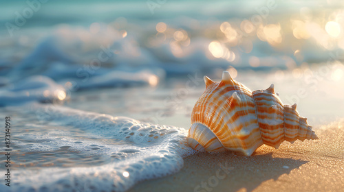 Tranquil Seashell on Sun-Drenched Beach with Gentle Waves - Serene Summer Travel Background © EEKONG