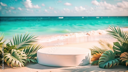 Mockup round white podium bright 3D on a beach with white sand paradise tropical island with waves in the ocean. Ideal for product presentation, themed visuals