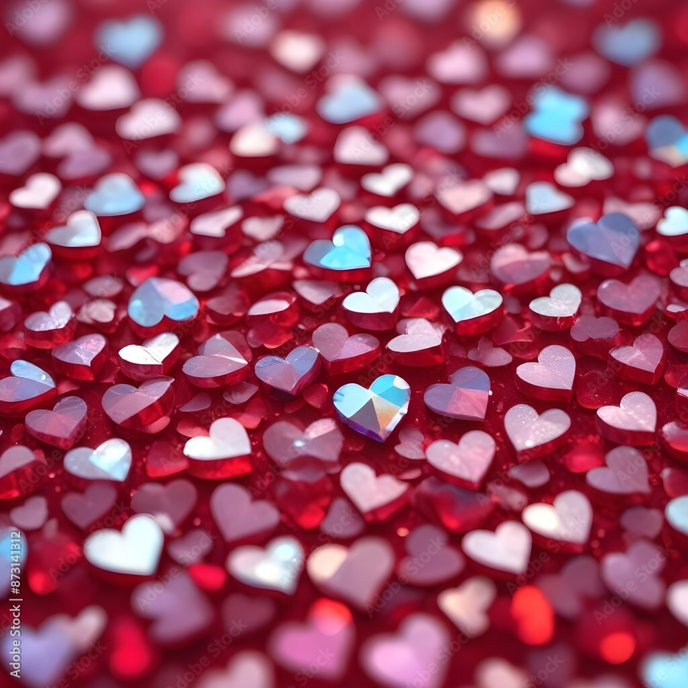 Vibrant red valentine love hearts sparkling against an iridescent, bokeh-filled backdrop