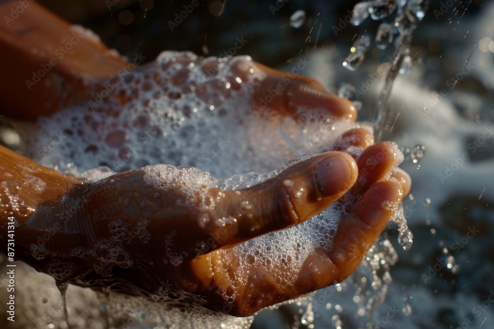 Fototapeta premium Handwashing and soap at the sink prevent bacteria, viruses, and infection. Handwashing, home skincare, faucet, wellbeing, or bubbles