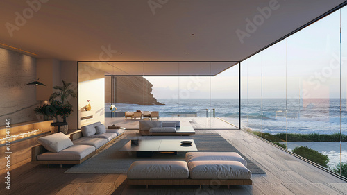 A modern beach house with floor-to-ceiling windows facing the sea. © memoona