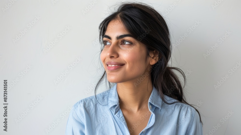 brainstorming, ideas, and vision mockup on white background with Indian woman. Blank advertisement, copyspace, and smiling girl for product placement, branding, and promotion brainstorming, ideas, and vision mockup on white background with Indian woman. Blank advertisement, copyspace, and smiling girl for product placement, branding, and promotion
