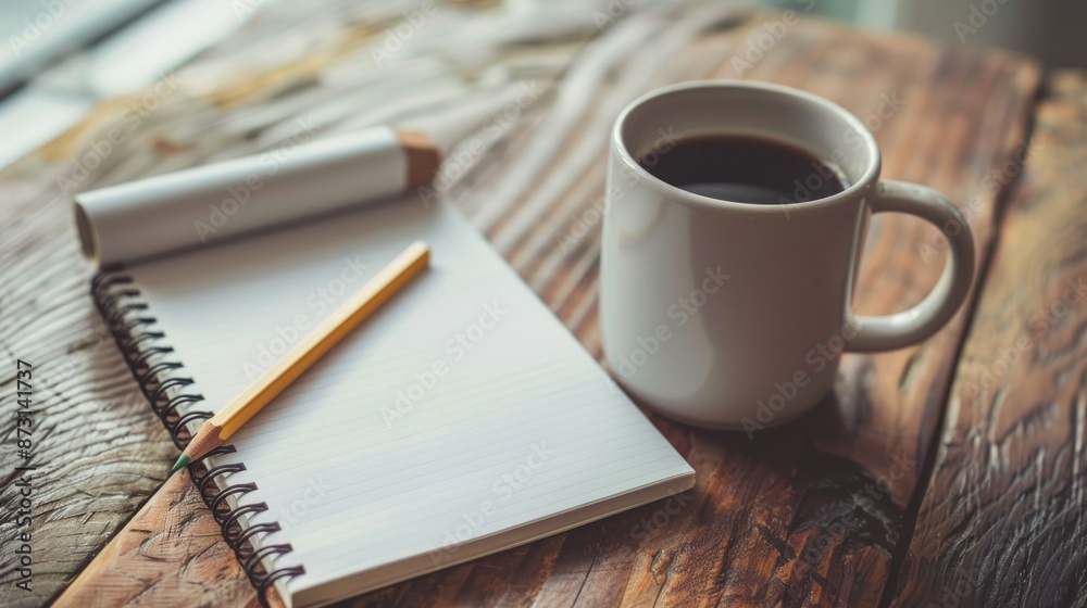 Spiral notepad diary with coffee mug and sketch pencils on wooden table