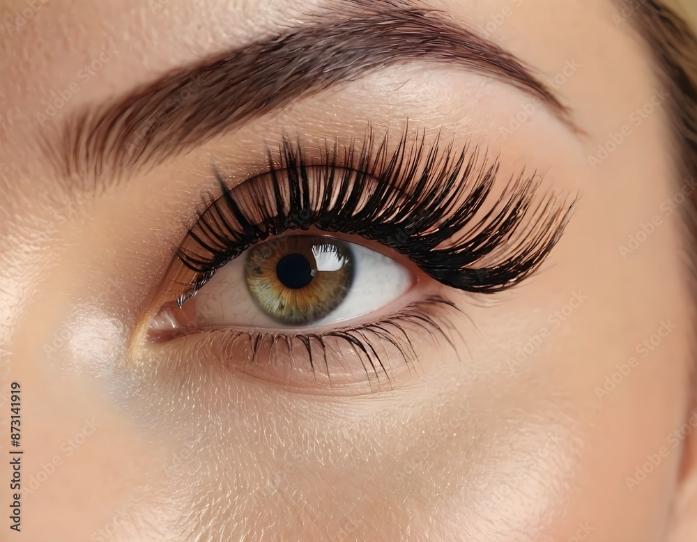 Naklejka premium close up of a female eye with long, thick eyelashes, reflecting beauty and glamour