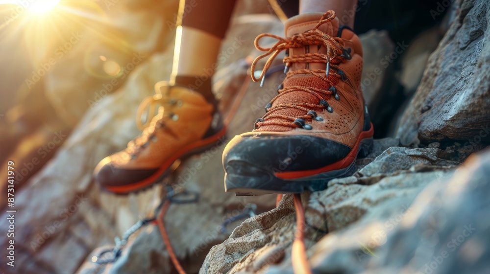 Women, feet, or rock climbing shoes in fitness, workout, or mountain training in nature. Spain's hiking athlete's zoom, texture, or legs in health, freedom, or sports Women, feet, or rock climbing shoes in fitness, workout, or mountain training in nature. Spain's hiking athlete's zoom, texture, or legs in health, freedom, or sports