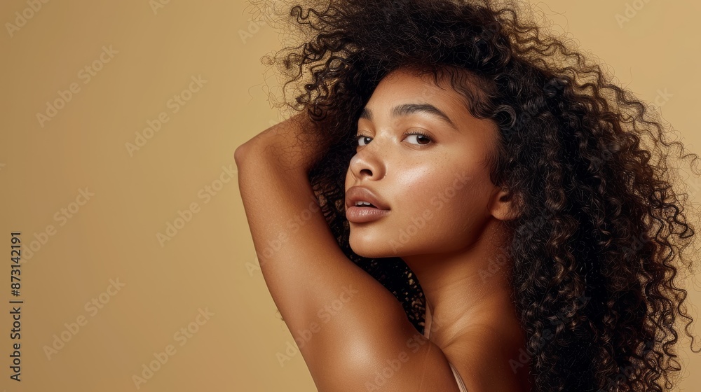 Beautiful woman with hair, curls, growth, gloss, and salon treatment with natural cosmetics on studio background. Afro or curly hairstyle, wellness, haircare, and texture with cheerful model Beautiful woman with hair, curls, growth, gloss, and salon treatment with natural cosmetics on studio background. Afro or curly hairstyle, wellness, haircare, and texture with cheerful model